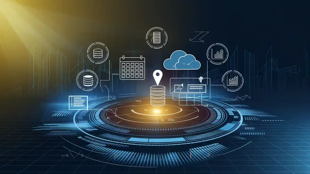 Futuristic digital interface with glowing network icons, symbolizing a centralized system for seamless operations.