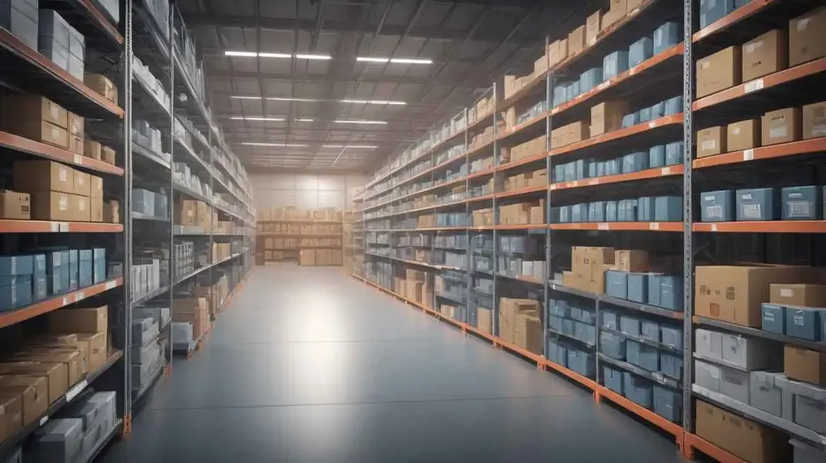 A warehouse aisle with shelves stocked with various boxes and packages.