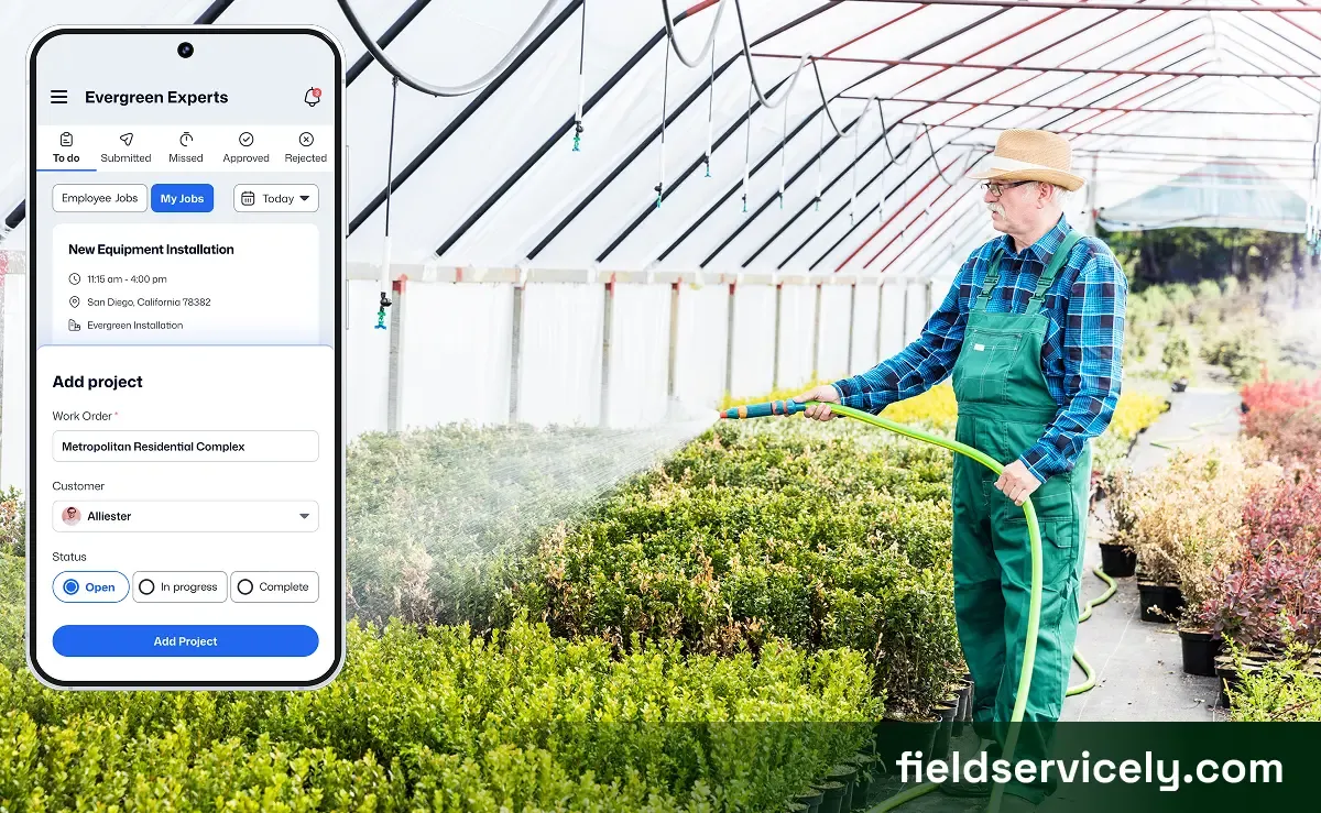 A man irrigating plants and mobile app view for irrigation business software on the left