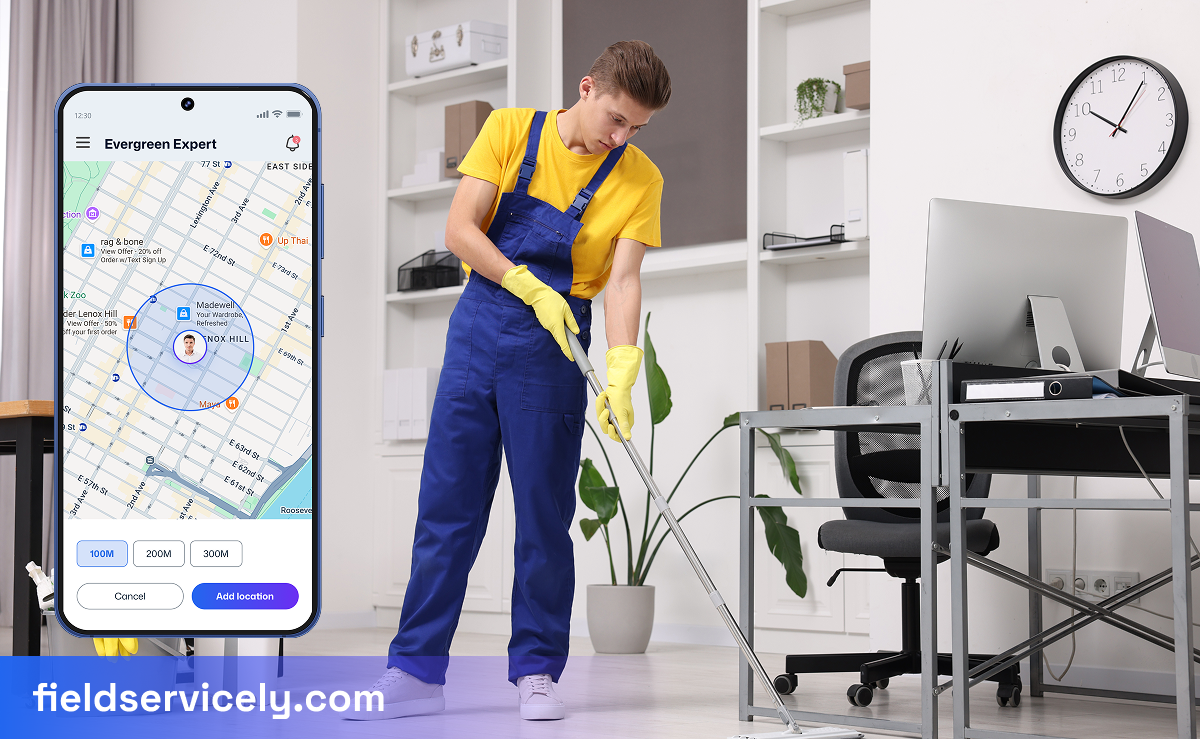 A janitor working on the right and a mobile app for janitorial service on the left