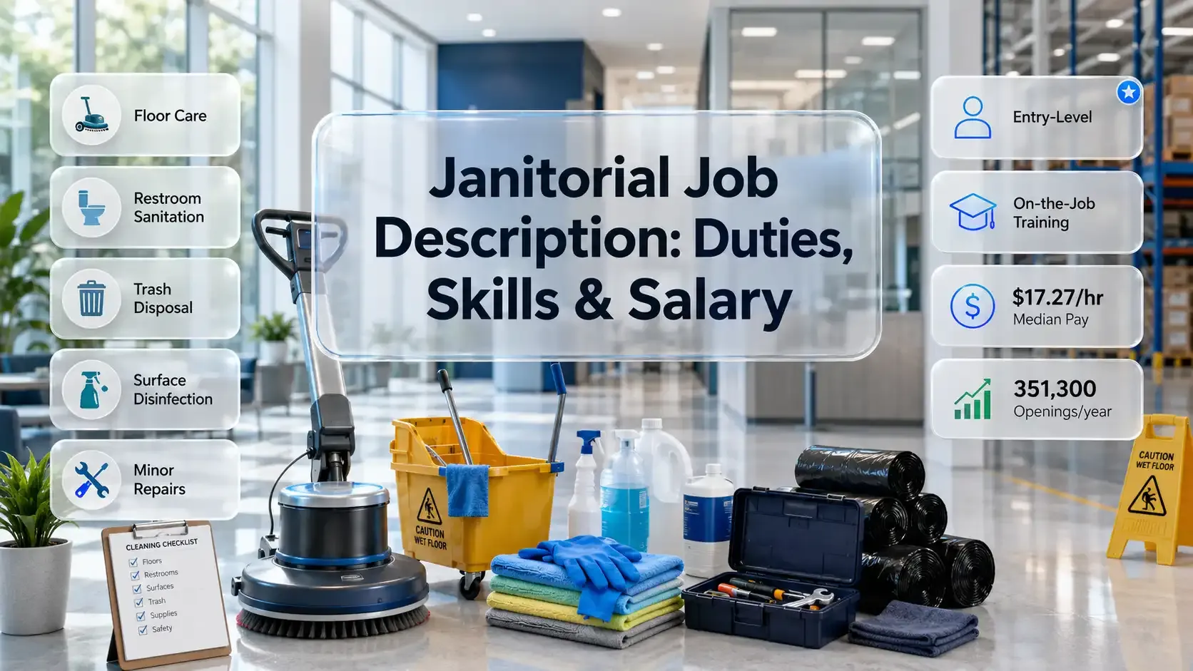 Janitorial job description feature image with duties and salary highlights
