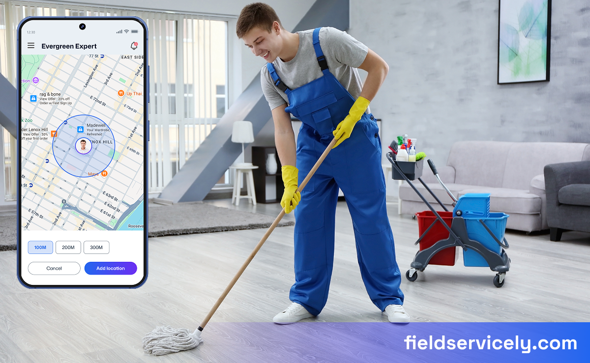 Janitor working on the right and a view of janitorial scheduling software on the left