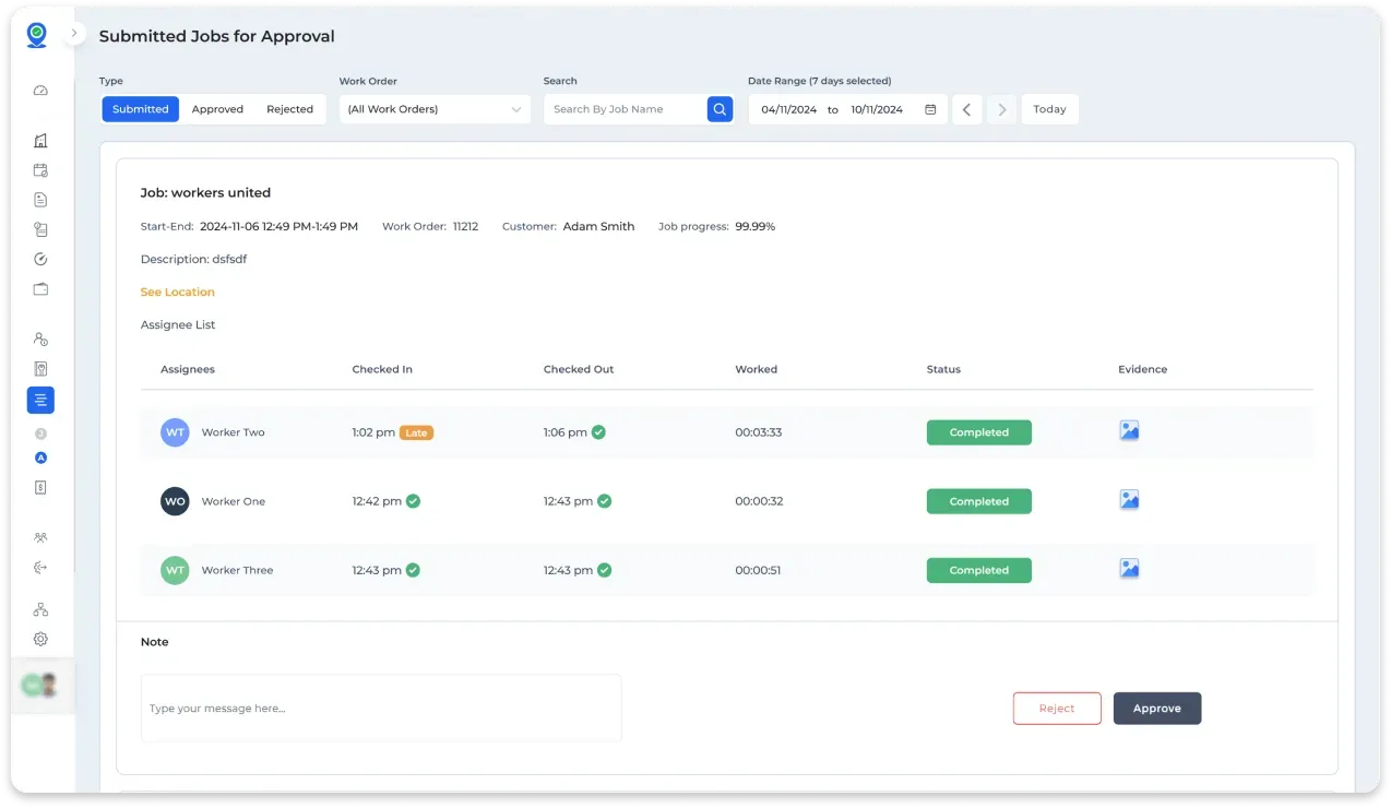 Job approval page with a list of workers and their job status