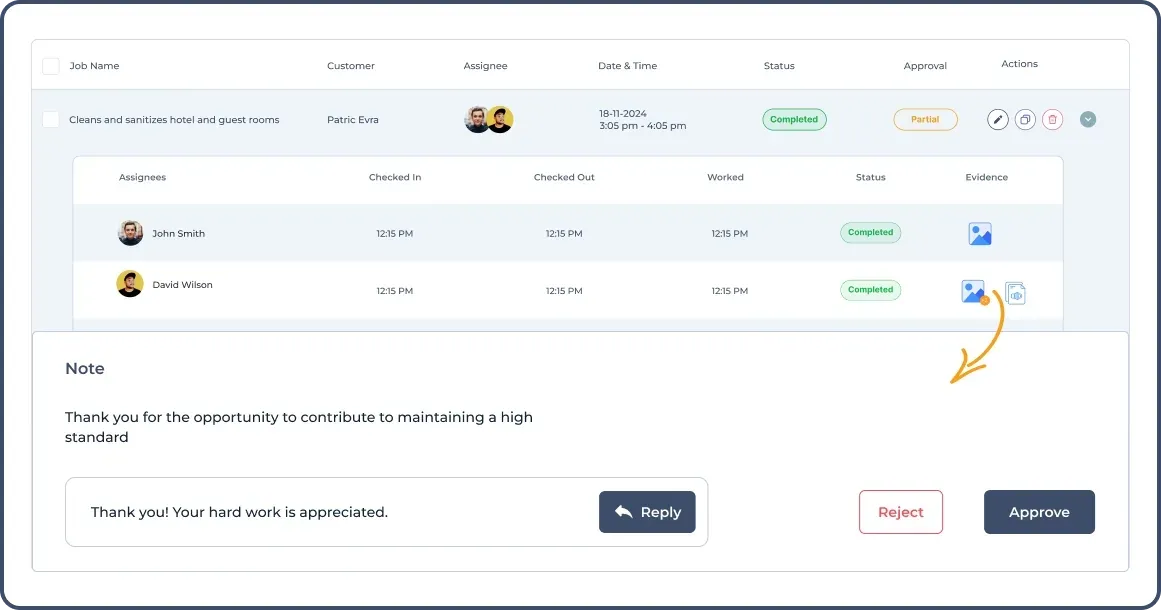 FieldServicely janitorial business software job approval system dashboard.