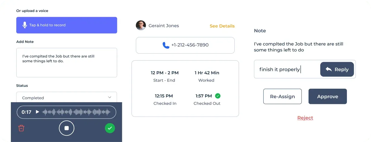 Job details with voice recording option, notes, status, and actions like reply, approve, or reject.