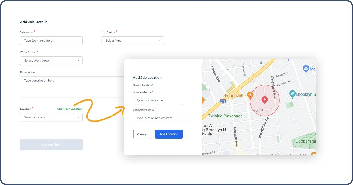 FieldServicely Mechanical Contractor Software job creation interface split into two sections showing various labeled fields with a dropdown menu.
