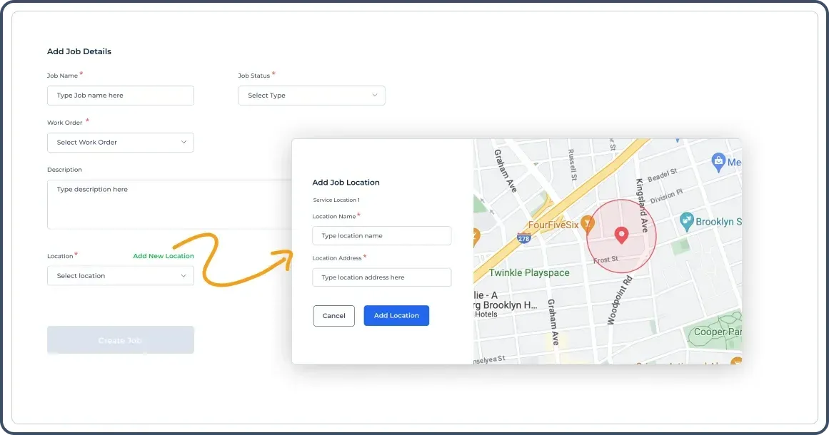 mentioning job details assigning geofenced location for job tracking