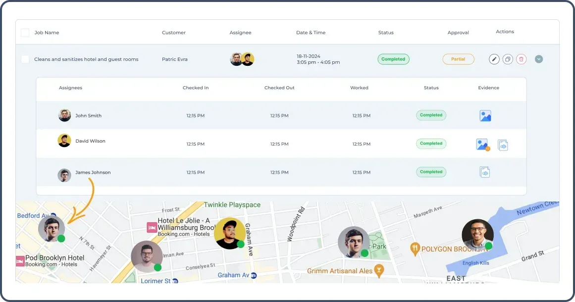 Job details with assignee statuses, completion evidence, and a map showing worker locations.