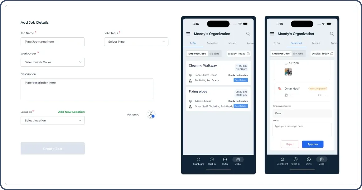 Create a job page, with a mobile phone view showing the existing jobs and job approval page