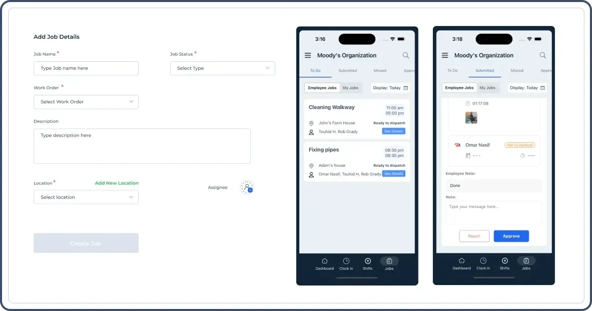 Job creation form alongside mobile screens showing job list and submission details.