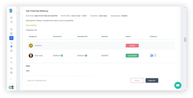 Evidence view for completed jobs, with approve and reject buttons