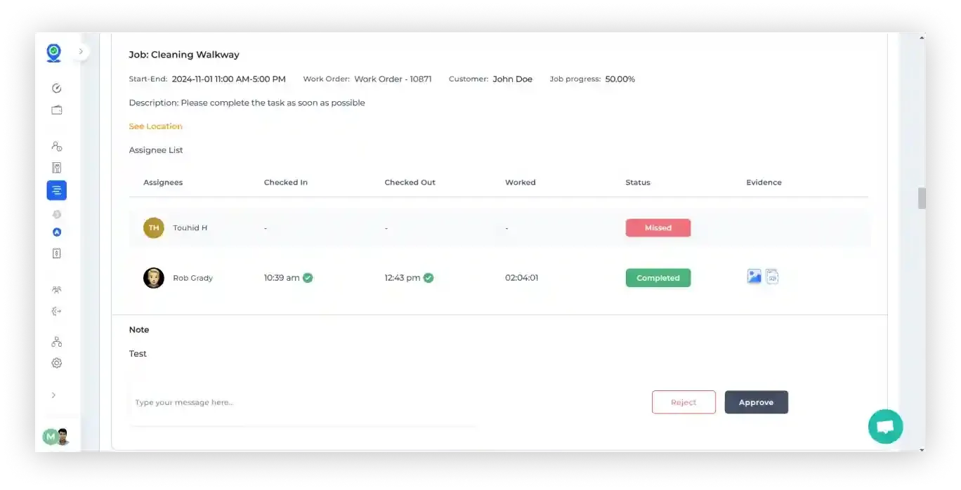 Evidence view for completed jobs, with approve and reject buttons