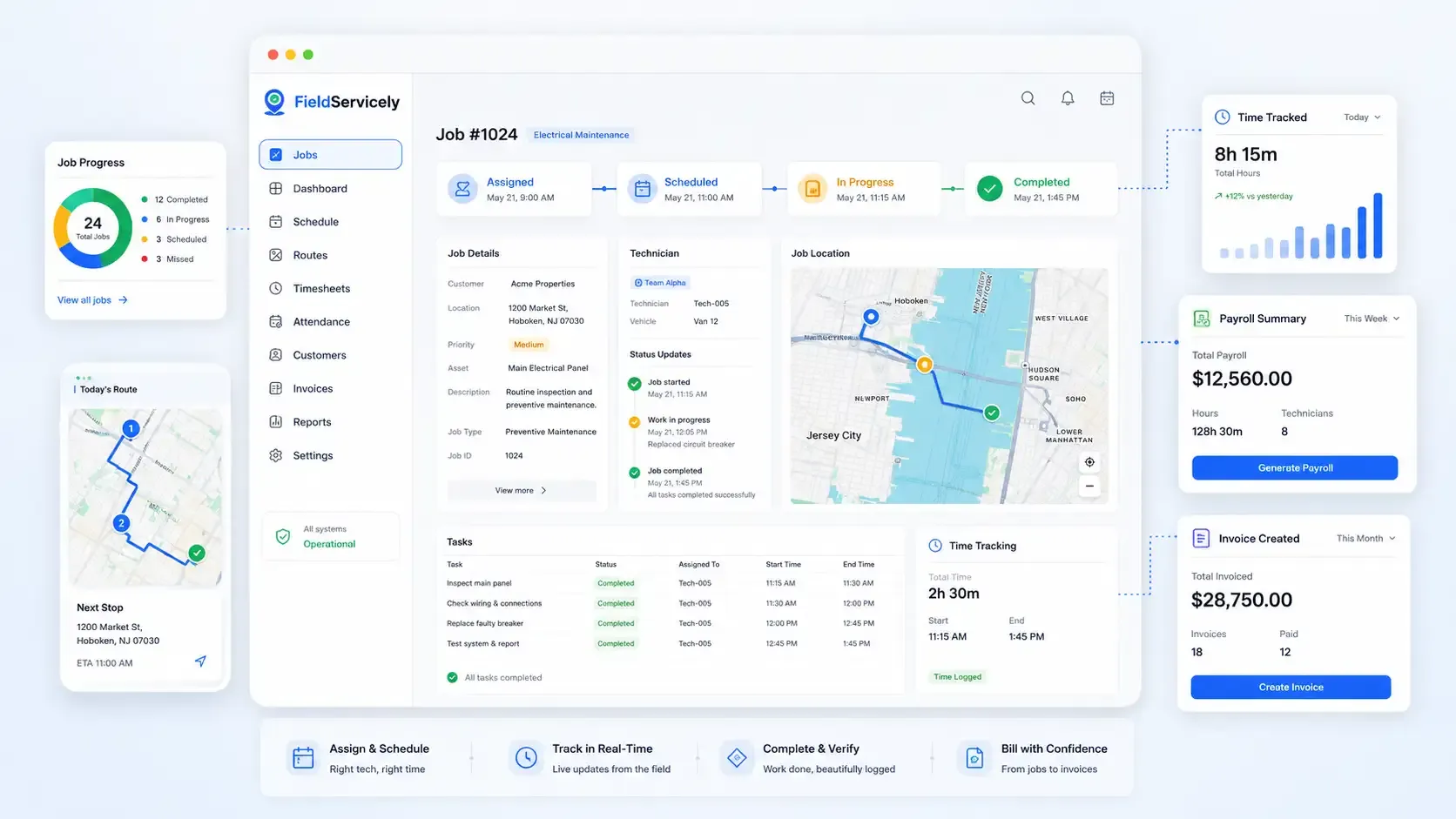 Job tracking software dashboard with route and payroll