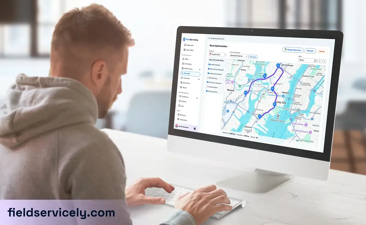 Person working on FieldServicely job tracking dashboard