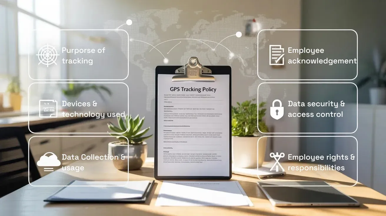 Key components of employee GPS tracking policy shown on the office desk