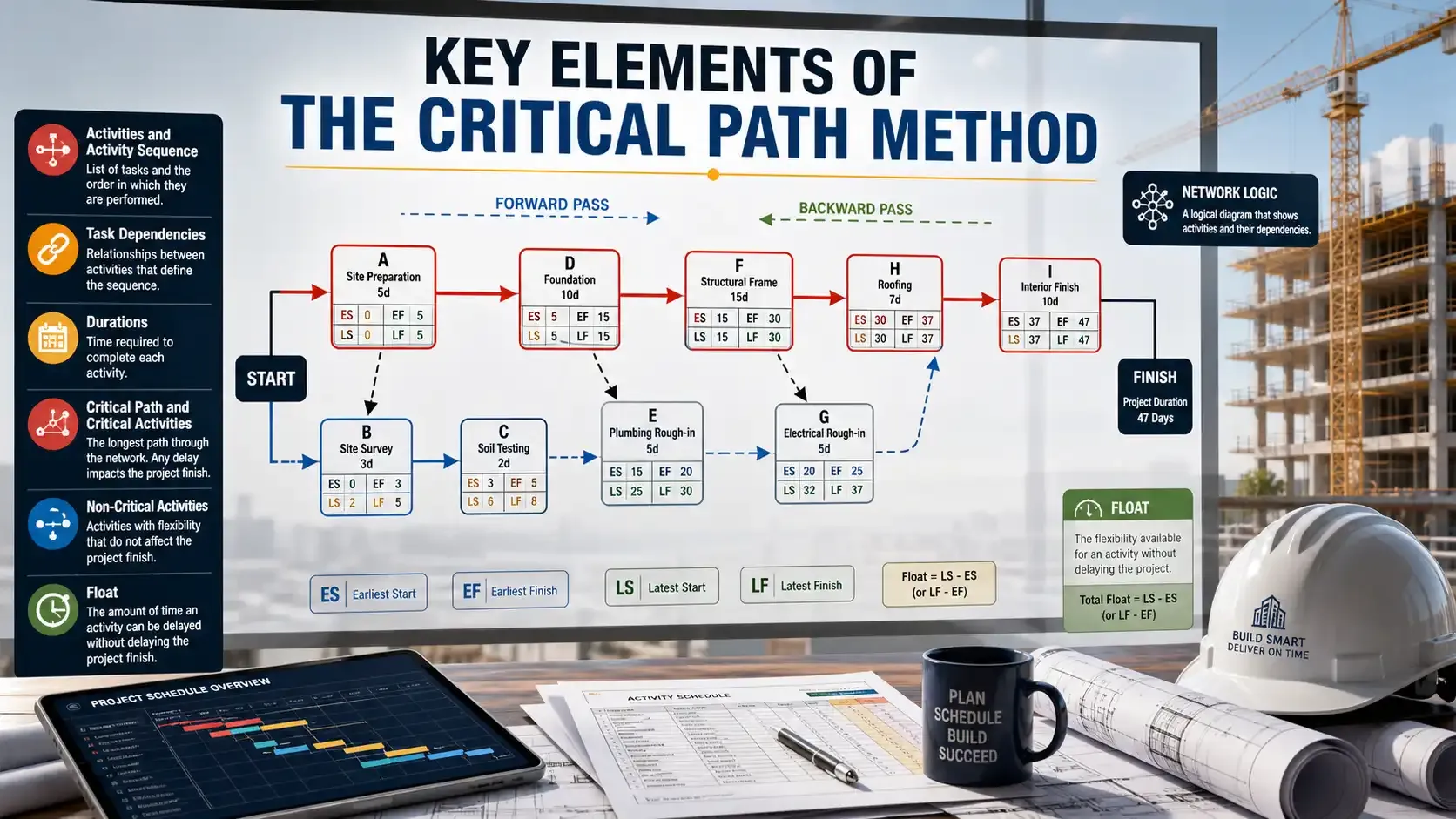 Critical path method infographic for construction planning