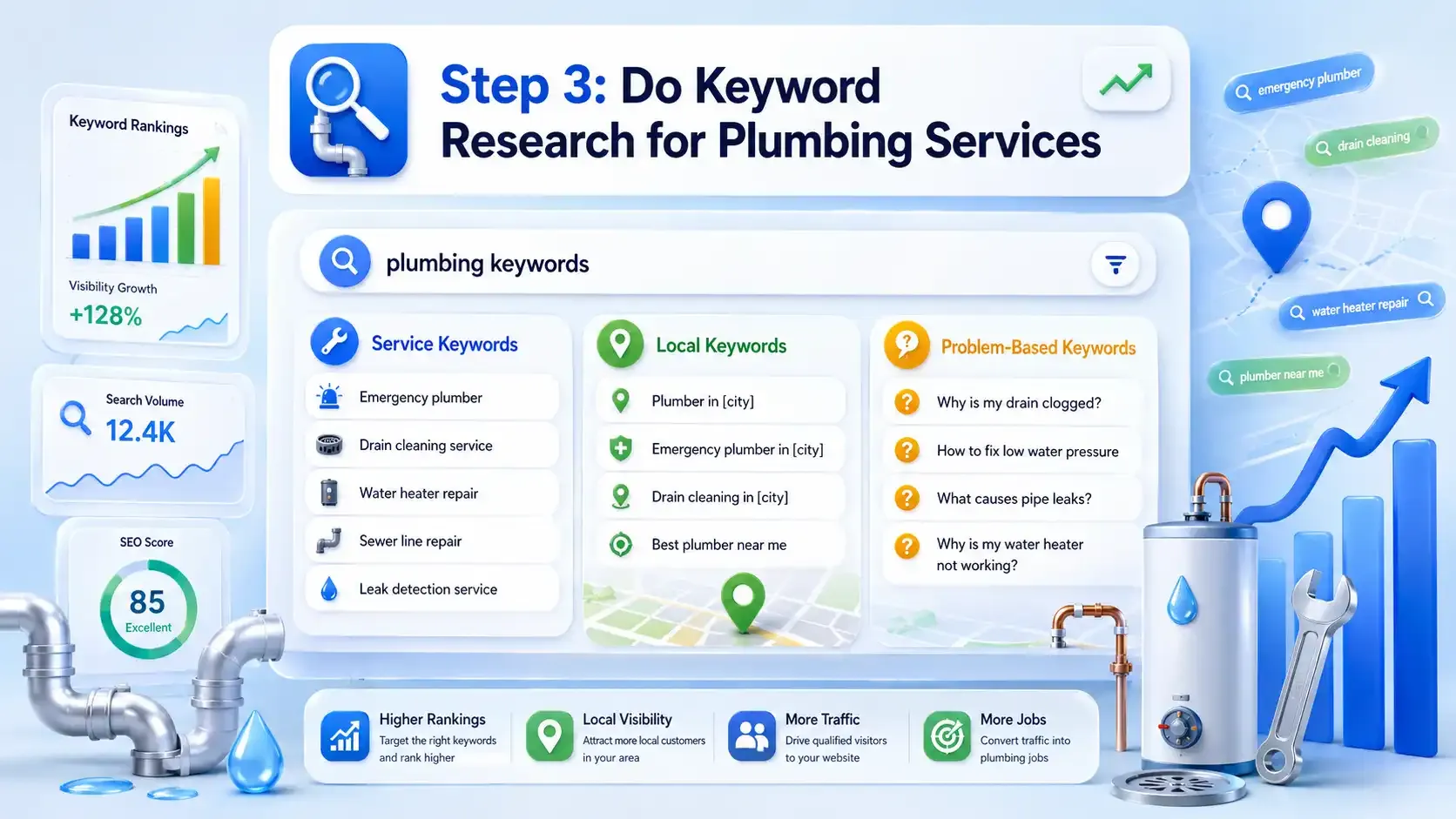 Plumbing keyword research dashboard for local SEO growth