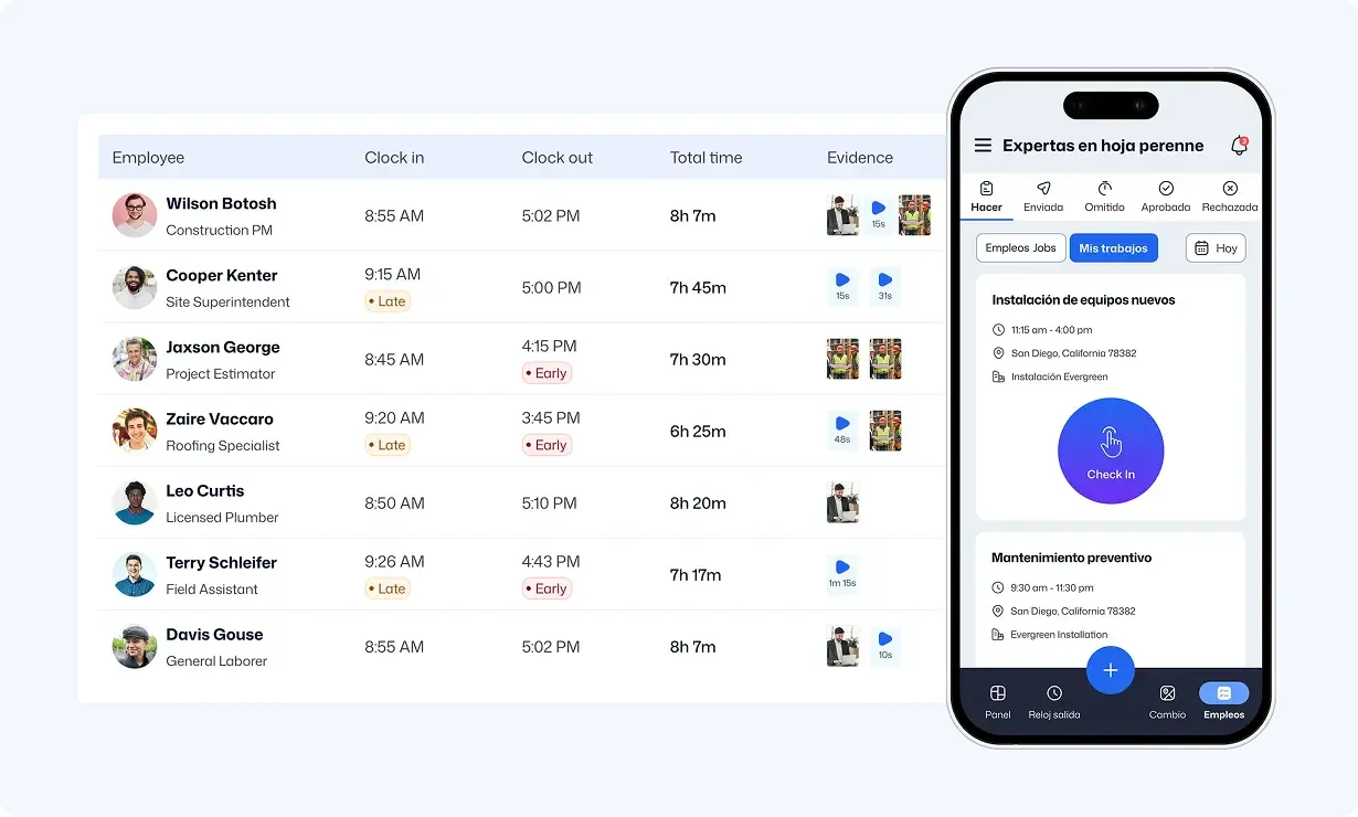 Timesheet dashboard with employee hours and mobile check-in app