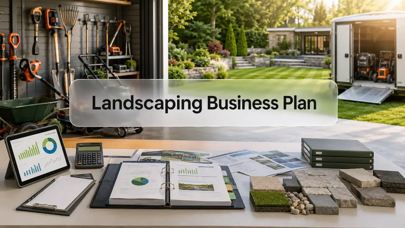 Landscaping business plan feature image with planning binder and equipment
