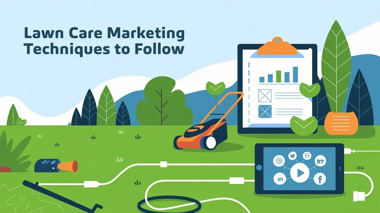 Lawn with a lawn mower and tablet, alongside texts Lawn Care Marketing Techniques to Follow.