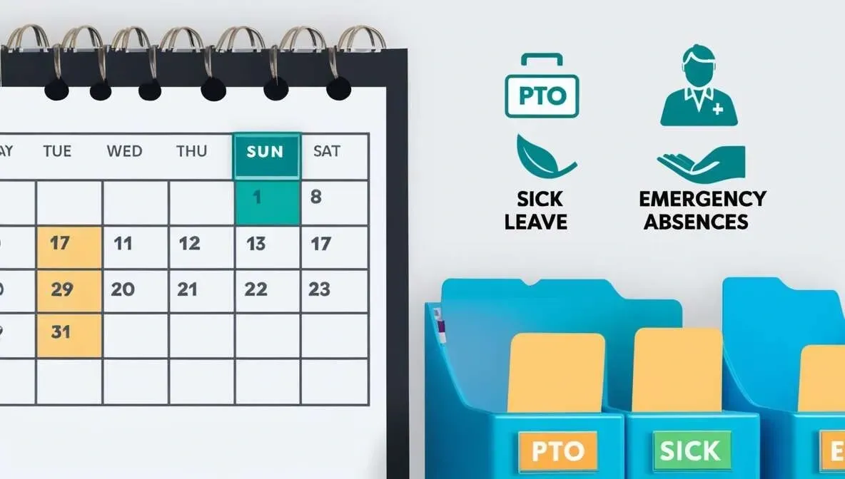 Calendar with icons for PTO, sick leave, and emergency absences beside color-coded folders.