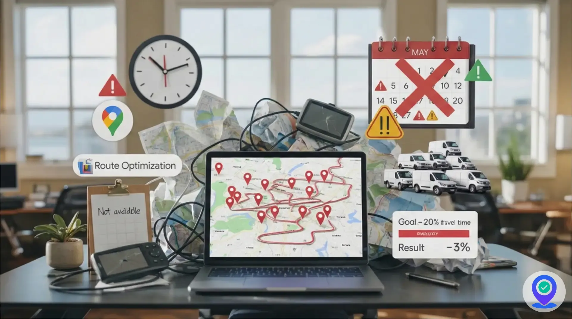 Cluttered desk shows failed route optimization with alerts, vans, calendar
