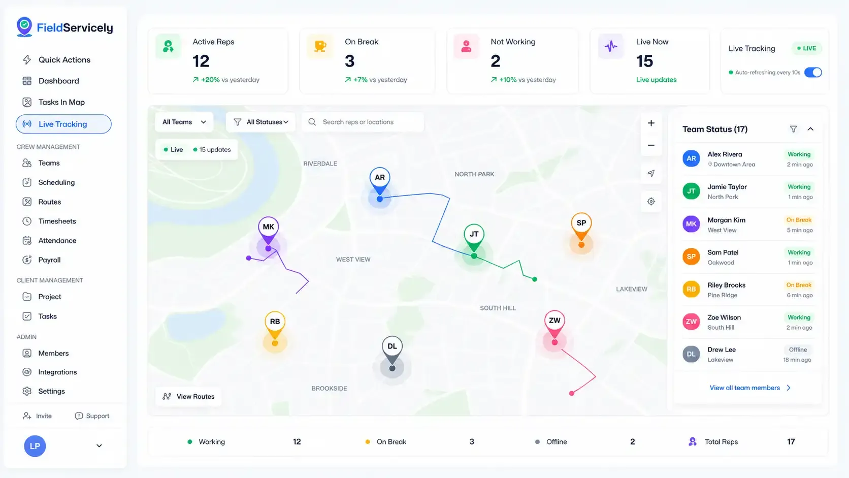 Live canvasser tracking dashboard with rep locations