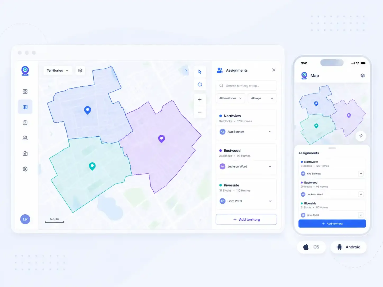 Canvassing territory map with rep assignments dashboard