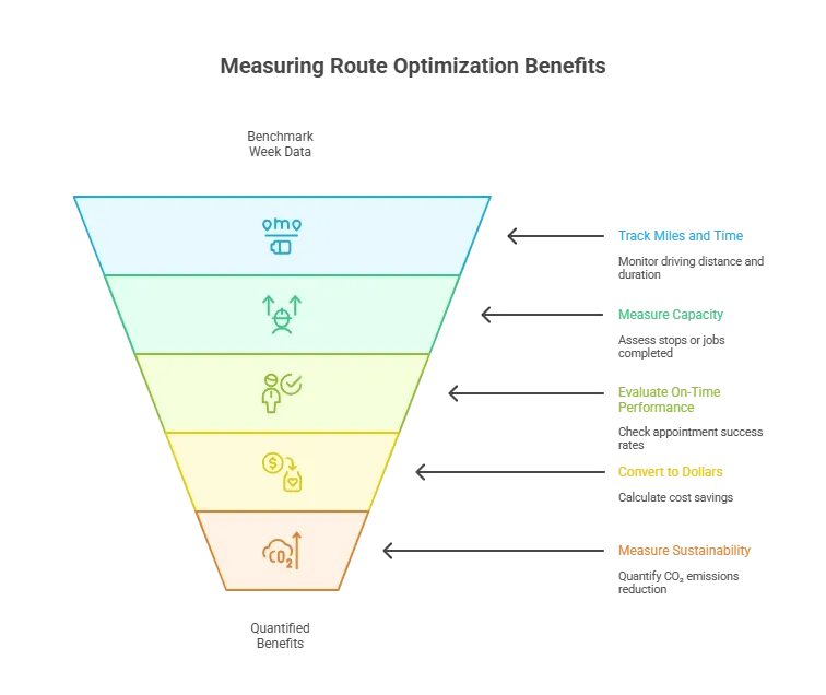 Funnel chart measuring route optimization benefits: miles, capacity, on-time