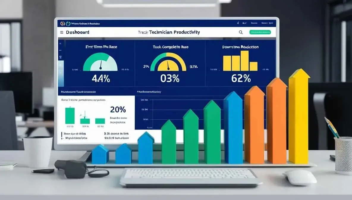Computer screen displaying technician productivity metrics in a colorful dashboard.