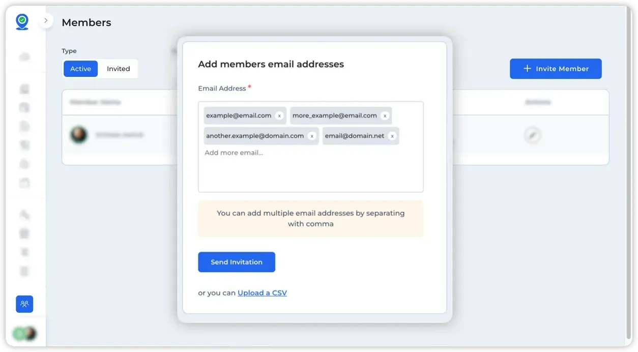 Invite member popup, with multiple emails, over the list of the members.