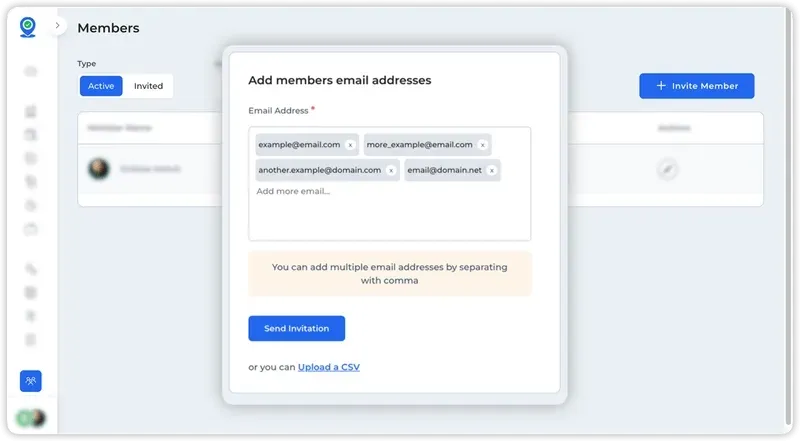 Member invitation page, with multiple emails for an invitation