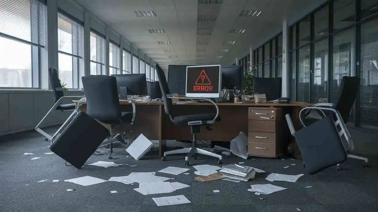 Messy office with overturned chairs, scattered papers, and a monitor showing an error warning.