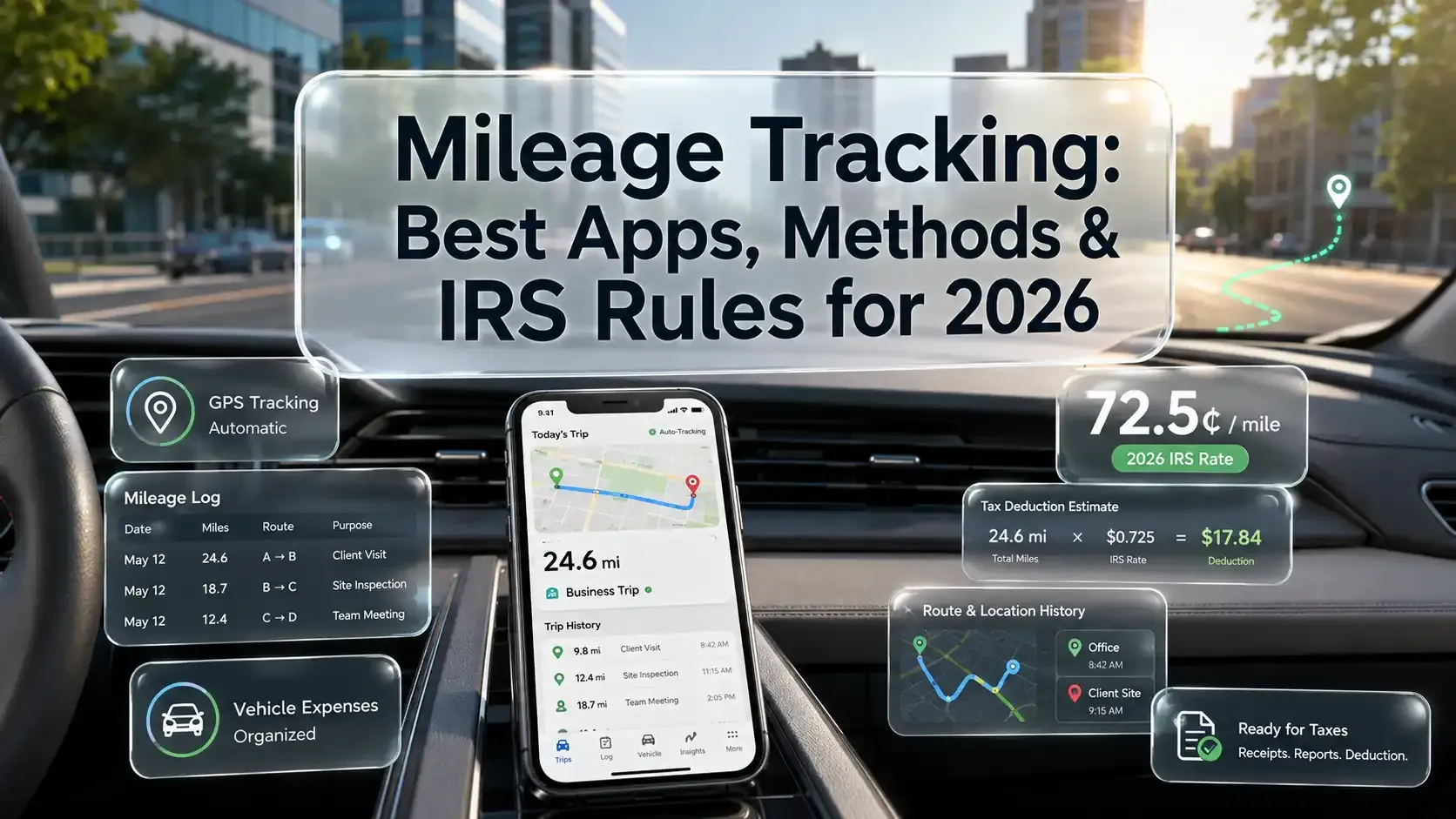 Mileage tracking feature image with IRS rules and deduction dashboard