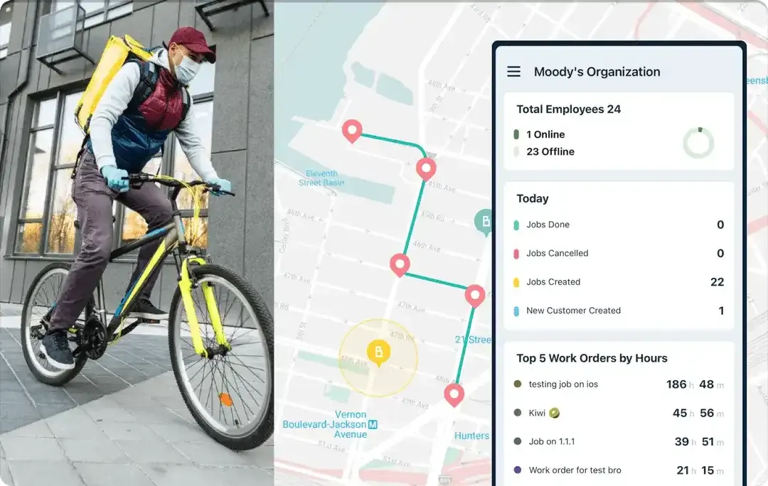 Cyclist with delivery bag, a map with marked route, and dashboard showing job stats.