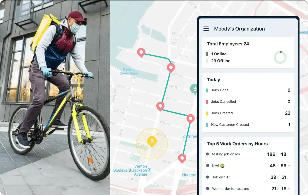 A masked delivery cyclist rides a bike with a yellow backpack. A route-tracking app is displayed.