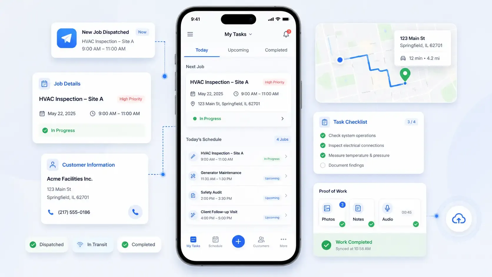 Mobile dispatch app screen for field service technicians