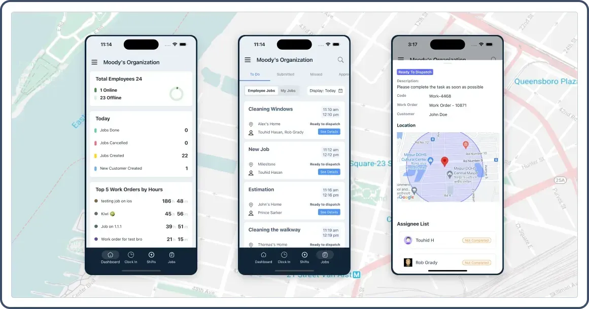 Mobile apps showing the jobs, dashboard and location