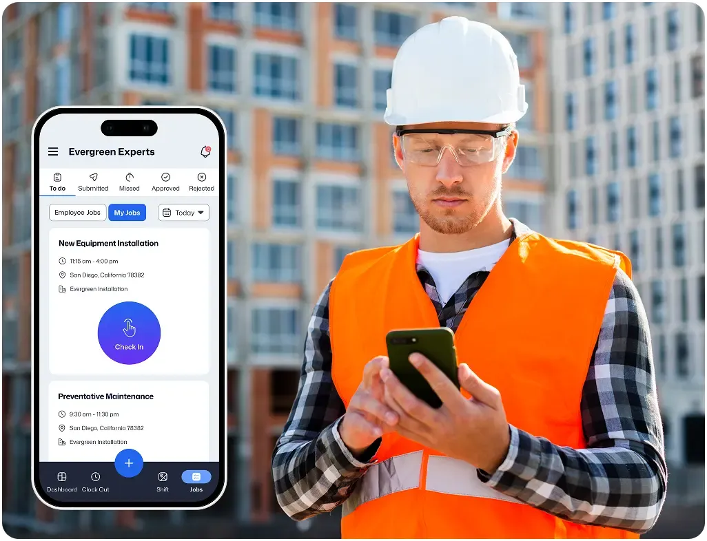 GPS time clock app lets construction worker check in on mobile at jobsite