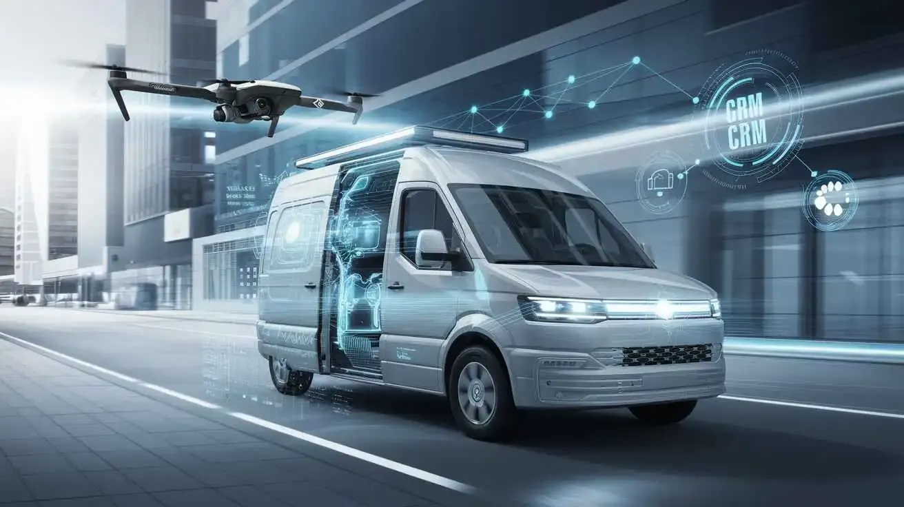 A service van and drone with holographic data icons, symbolizing mobile service technology and efficiency.