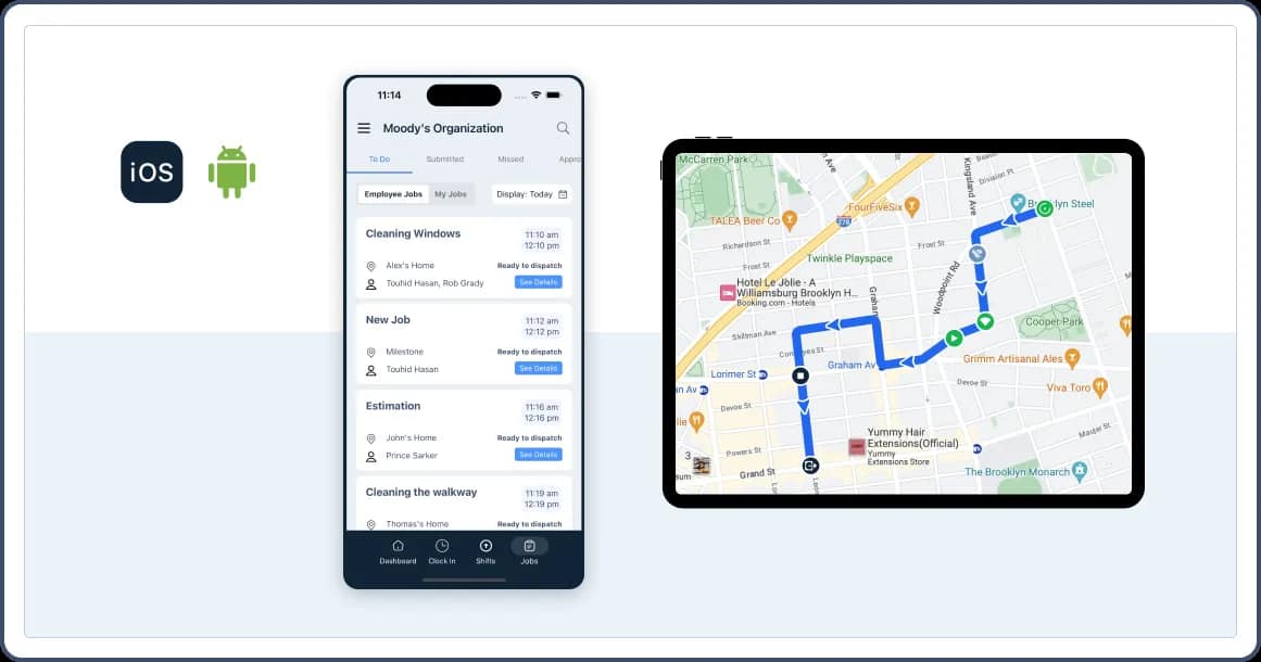 Field service time tracking software on mobile and tablet devices.