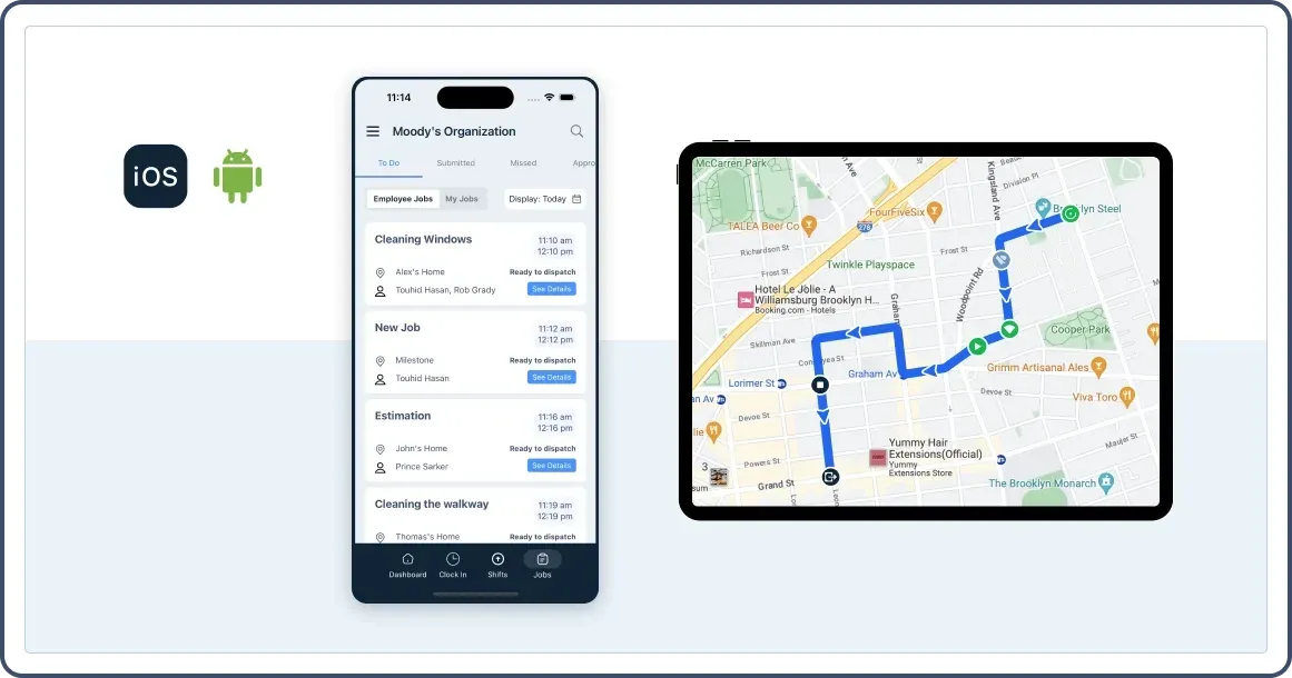 Mobile app job list and tablet map view with route, compatible with iOS and Android.
