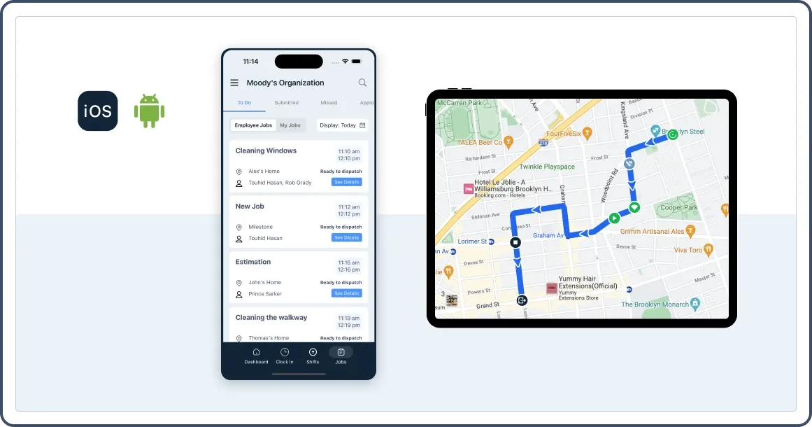 A smartphone displays a job management app, and a tablet shows a mapped route. iOS and Android logos appear.