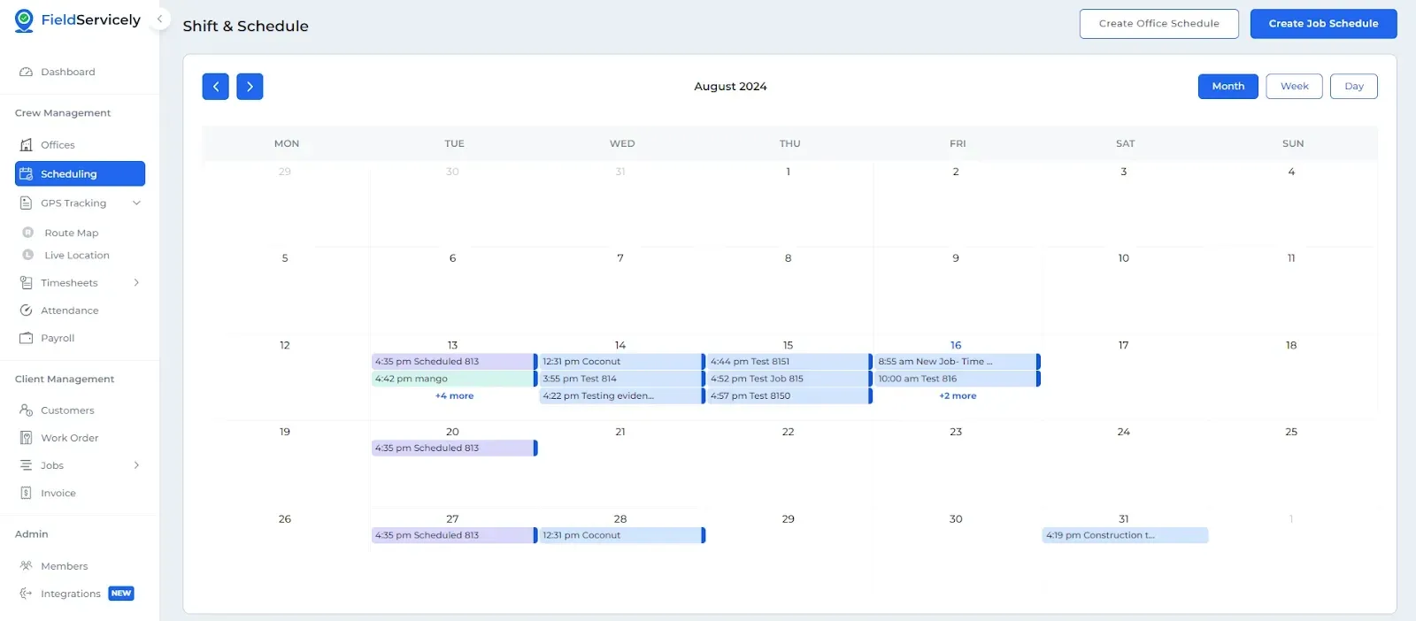 A scheduling dashboard displaying a monthly calendar with job assignments and shift details