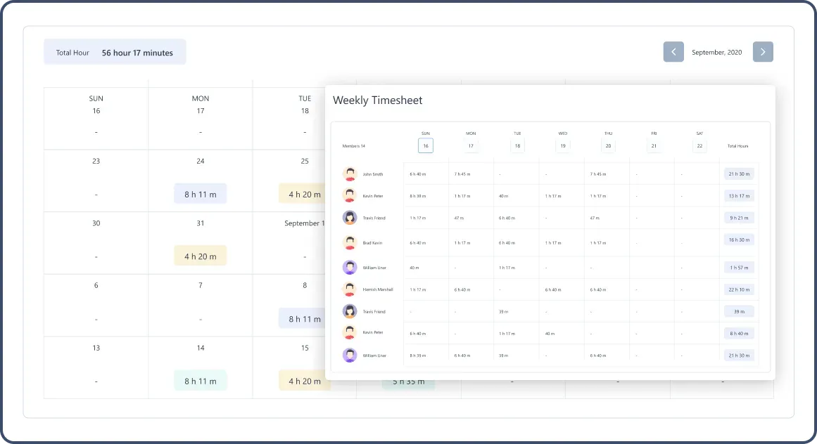 Monthly timesheet with weekly timesheet hovering over
