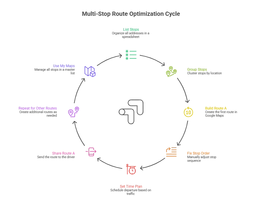 Circular workflow showing steps for multi-stop route optimization in Google Maps