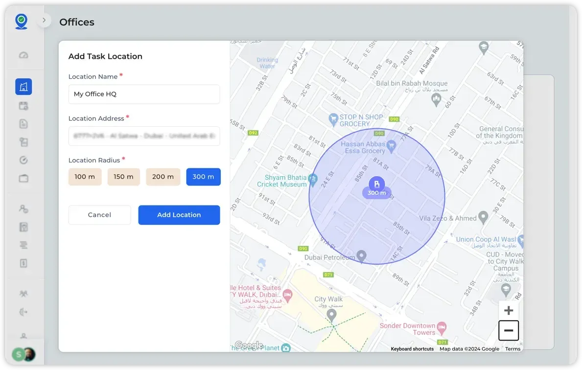 geofencing  office location from web app for employee attendance