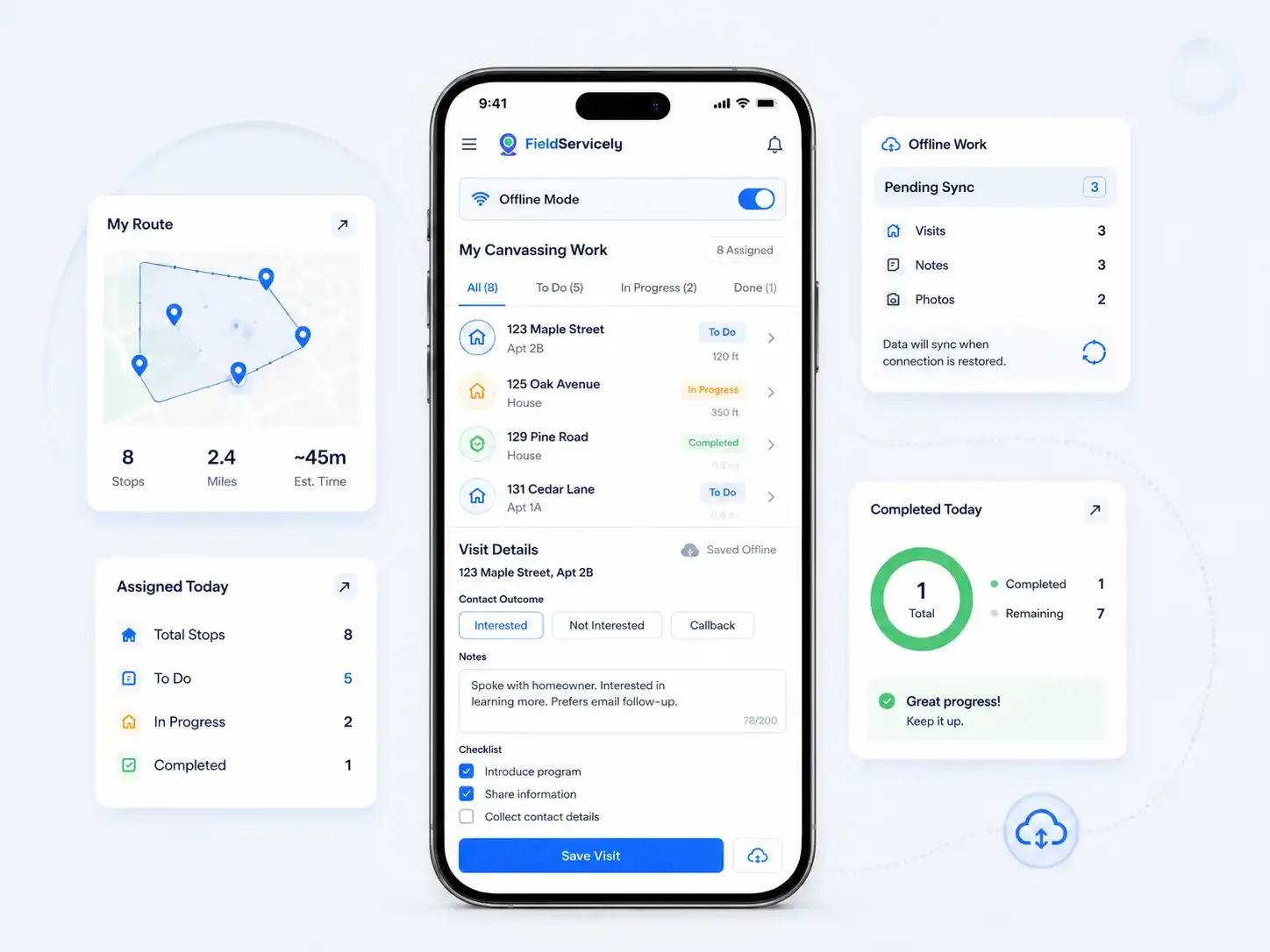 Offline canvassing app with route, visit and sync