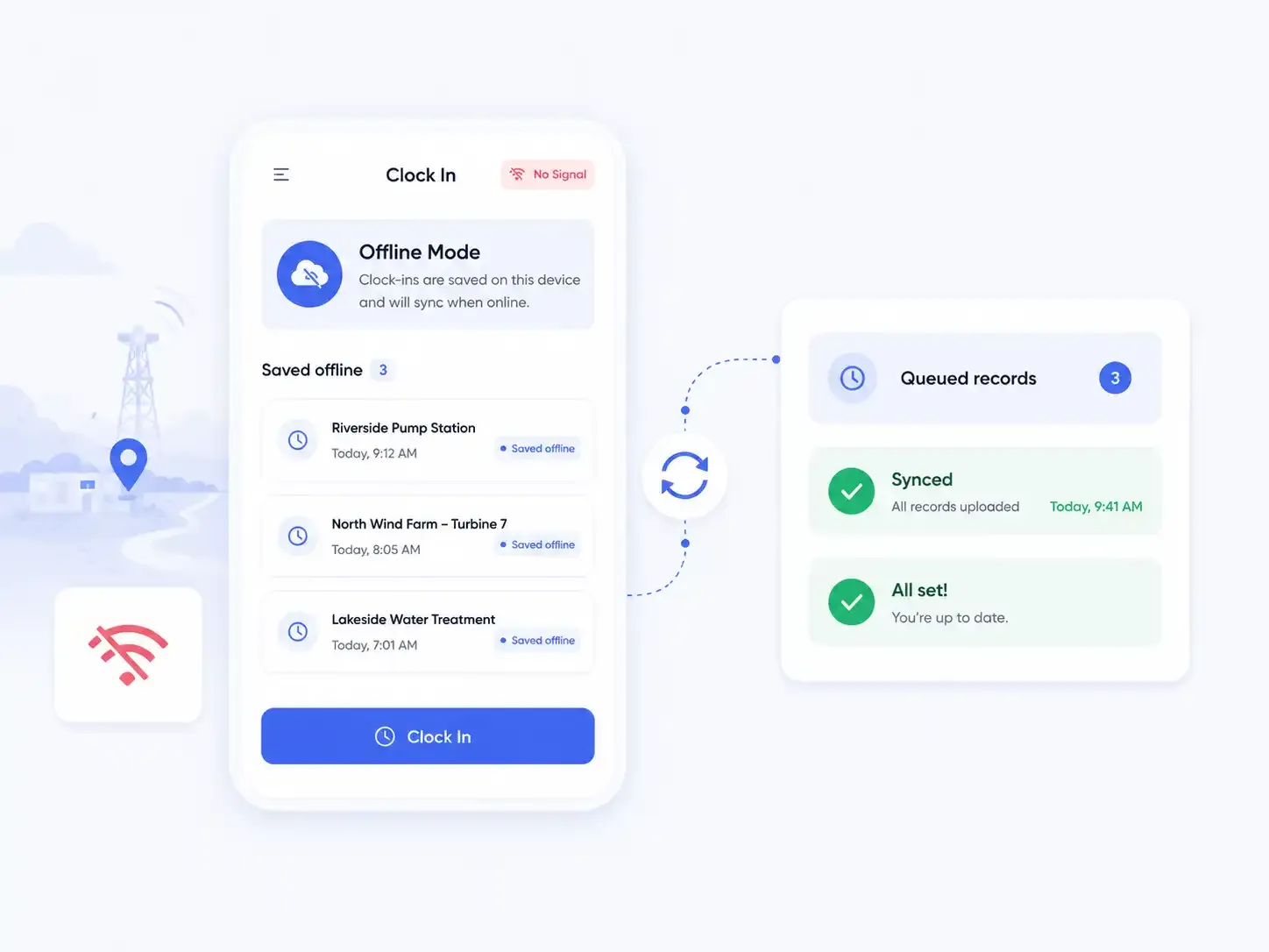 Offline job site time clock app with synced records
