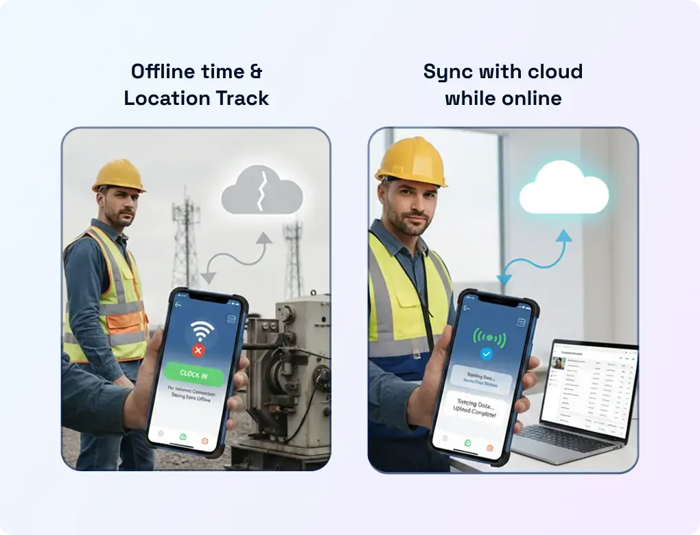 GPS time clock with offline time & location tracking, syncs to cloud online